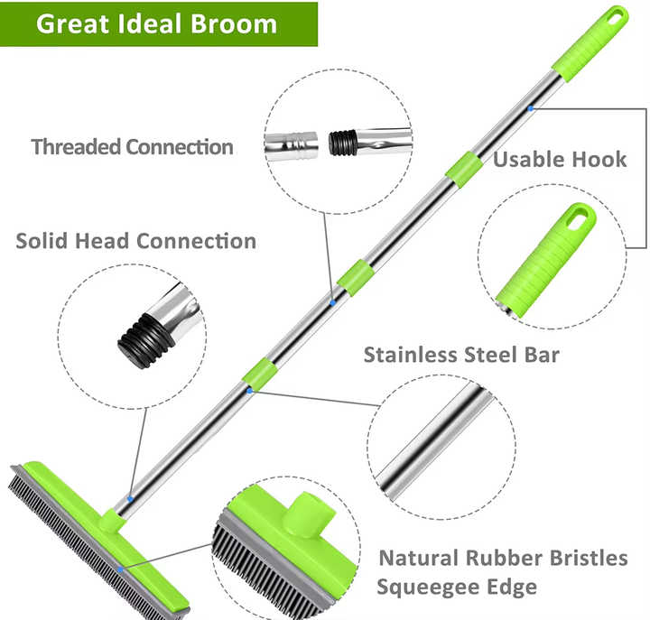 Green and Silver Versatile Pet Hair Remover Rubber Broom & Squeegee - 125cm Adjustable Stainless Steel Handle for Carpets, Floors & Windows