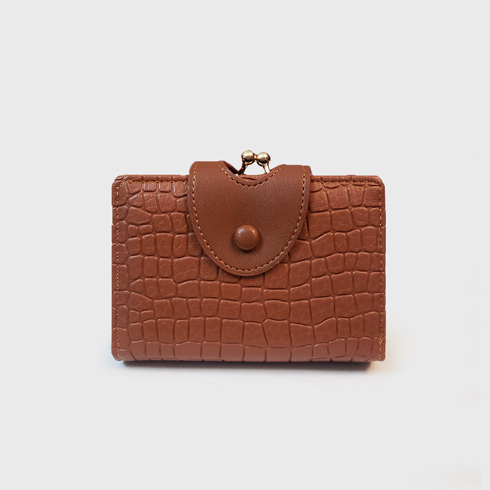 Brown Elegant Croc Embossed Womens Wallet - Short PU Leather Bifold with Removable Kisslock Coin Purse & Card Holder