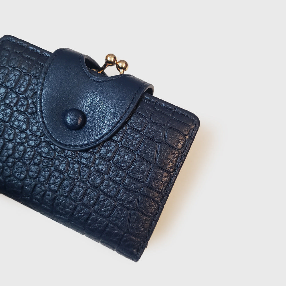 Dark Blue Elegant Croc Embossed Womens Wallet - Short PU Leather Bifold with Removable Kisslock Coin Purse & Card Holder
