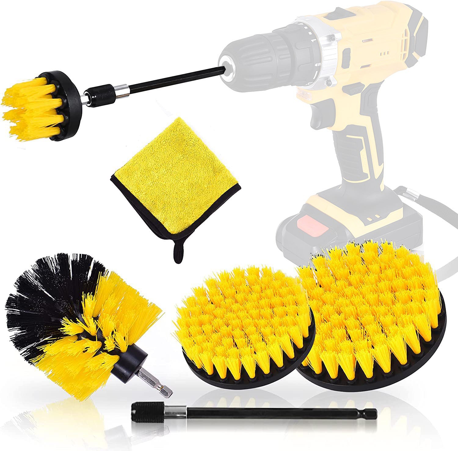 Yellow and Black 6 Pack Drill Brush Power Scrubber Cleaning Brush Extended Long Attachment Set All Purpose Drill Scrub Brushes Kit for Grout, Floor, Tub, Shower, Tile, Bathroom and Kitchen Surface