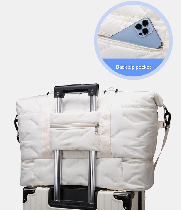 White Stylish Quilted Duffel Bag for Travel & Gym - Large Capacity Weekender with Shoe Compartment and Wet Pocket