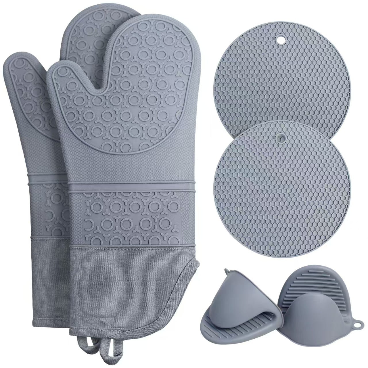 Grey 6-Piece Silicone Oven Mitts and Pot Holders Set - Extra Long Waterproof Heat Resistant Gloves with Non-Slip Grip for Kitchen Baking BBQ