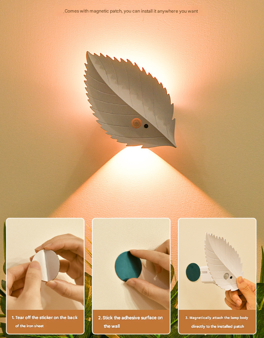 White RGB Color-Changing Leaf LED Night Light - Wireless Motion Sensor Wall Lamp with Remote Control for Ambiance Lighting