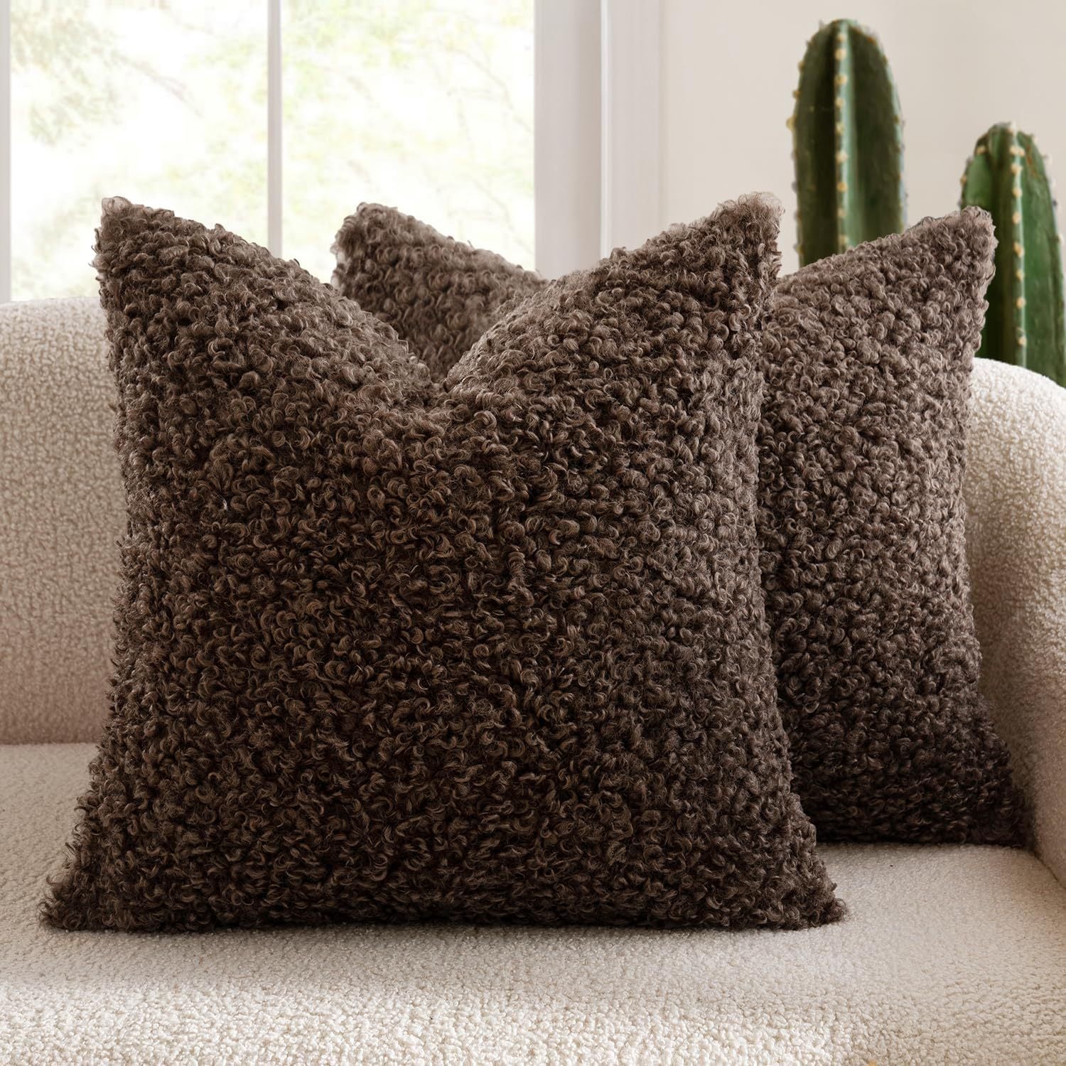 2 Pcs Coffee Cozy Teddy Boucle Cushion Cover - Plush Decorative Square Pillow Case for Sofa & Bed
