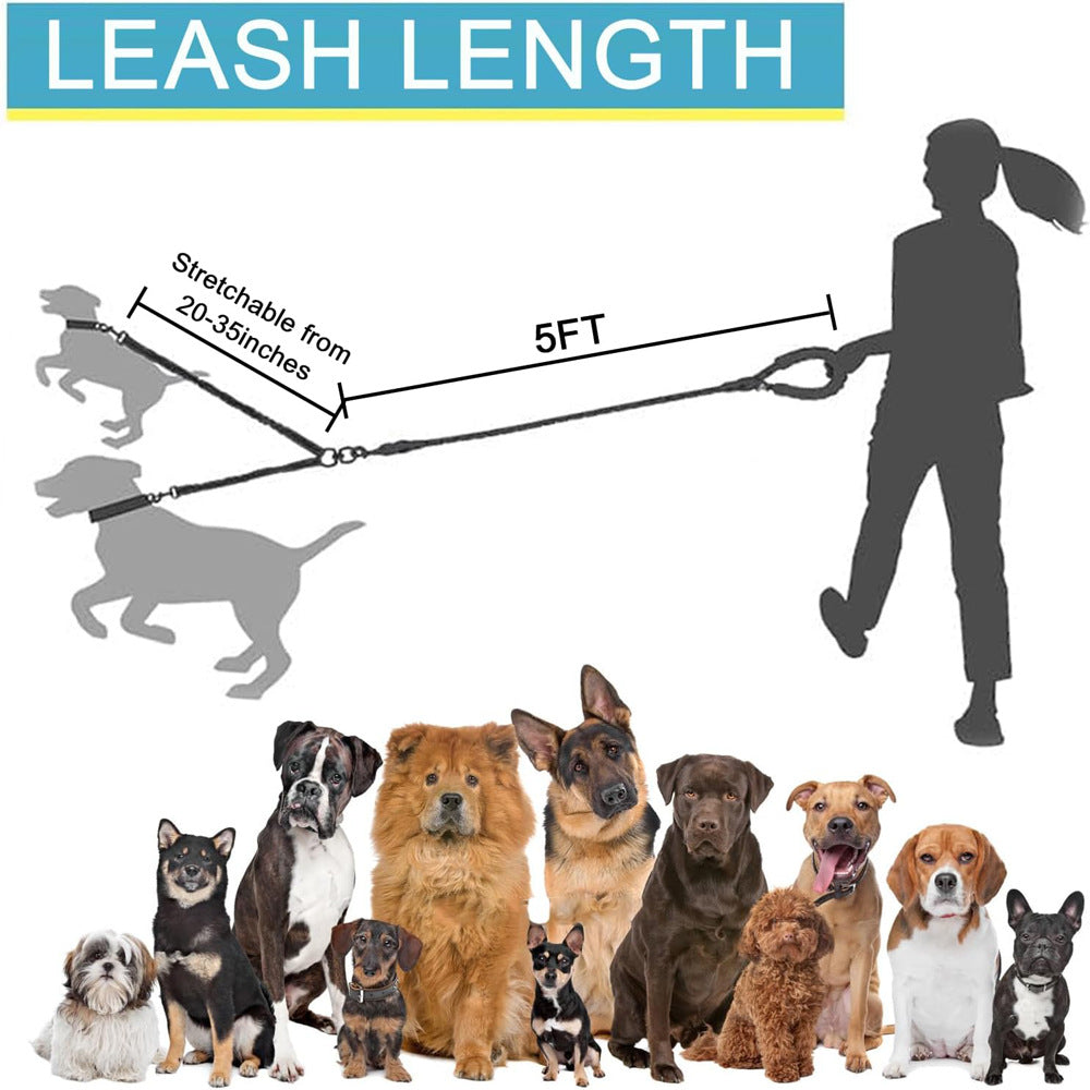 Red 3-in-1 Tangle-Free Dog Leash for 1-3 Dogs - Heavy Duty Bungee Coupler with Reflective Stitching & Padded Handle