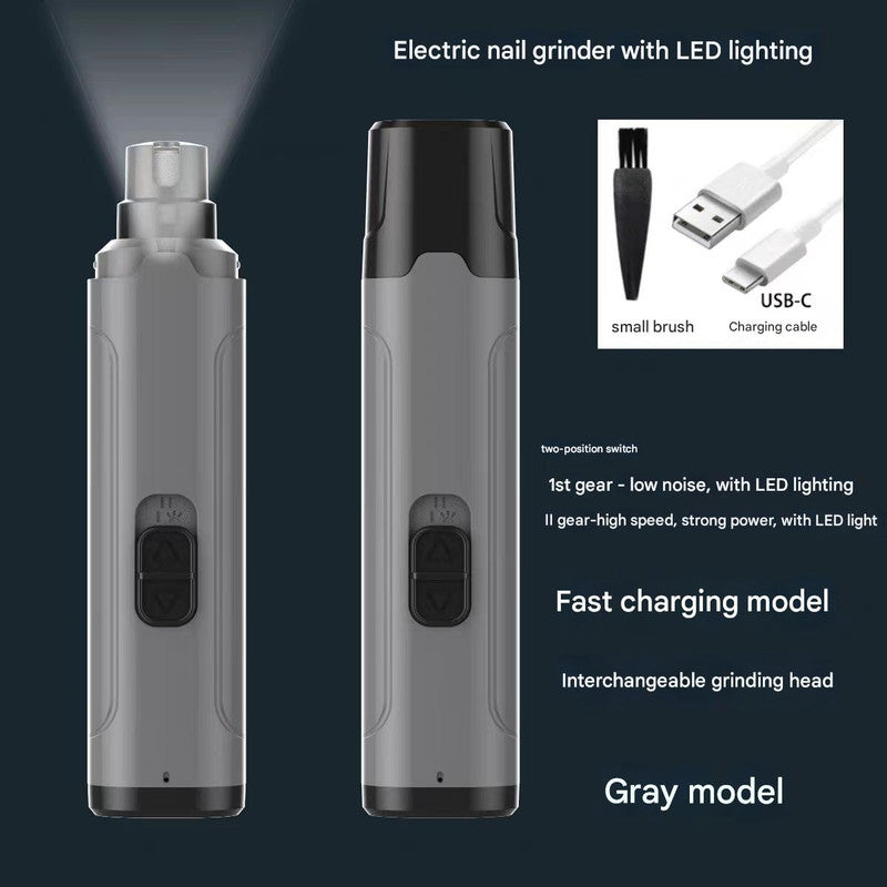 Grey Quiet Electric Pet Nail Grinder with LED Light - 2-Speed USB-C Rechargeable Trimmer for Dogs & Cats Grooming