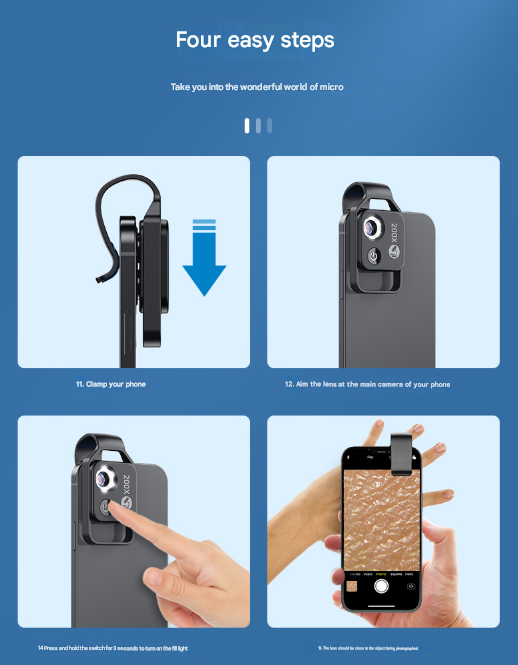 White Portable 200X Clip-On Microscope Lens for Smartphone - HD Pocket Magnifier with CPL Filter and LED Light(excluding mobile phones)