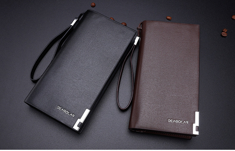Black Men's Business Casual Long Wallet Clutch - PU Leather Large Capacity Phone & Card Holder with Wrist Strap