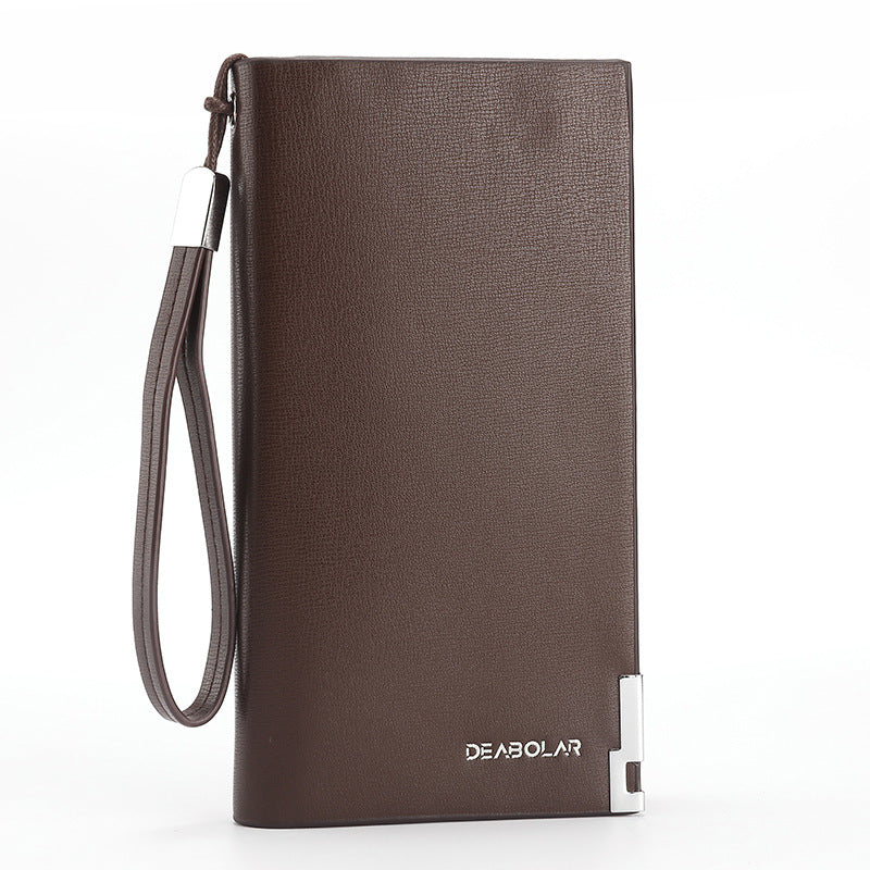 Brown Men's Business Casual Long Wallet Clutch - PU Leather Large Capacity Phone & Card Holder with Wrist Strap