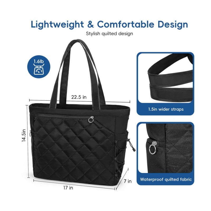 Black Large Quilted Tennis Tote Bag with Shoe Compartment - Waterproof Lightweight for Men and Women