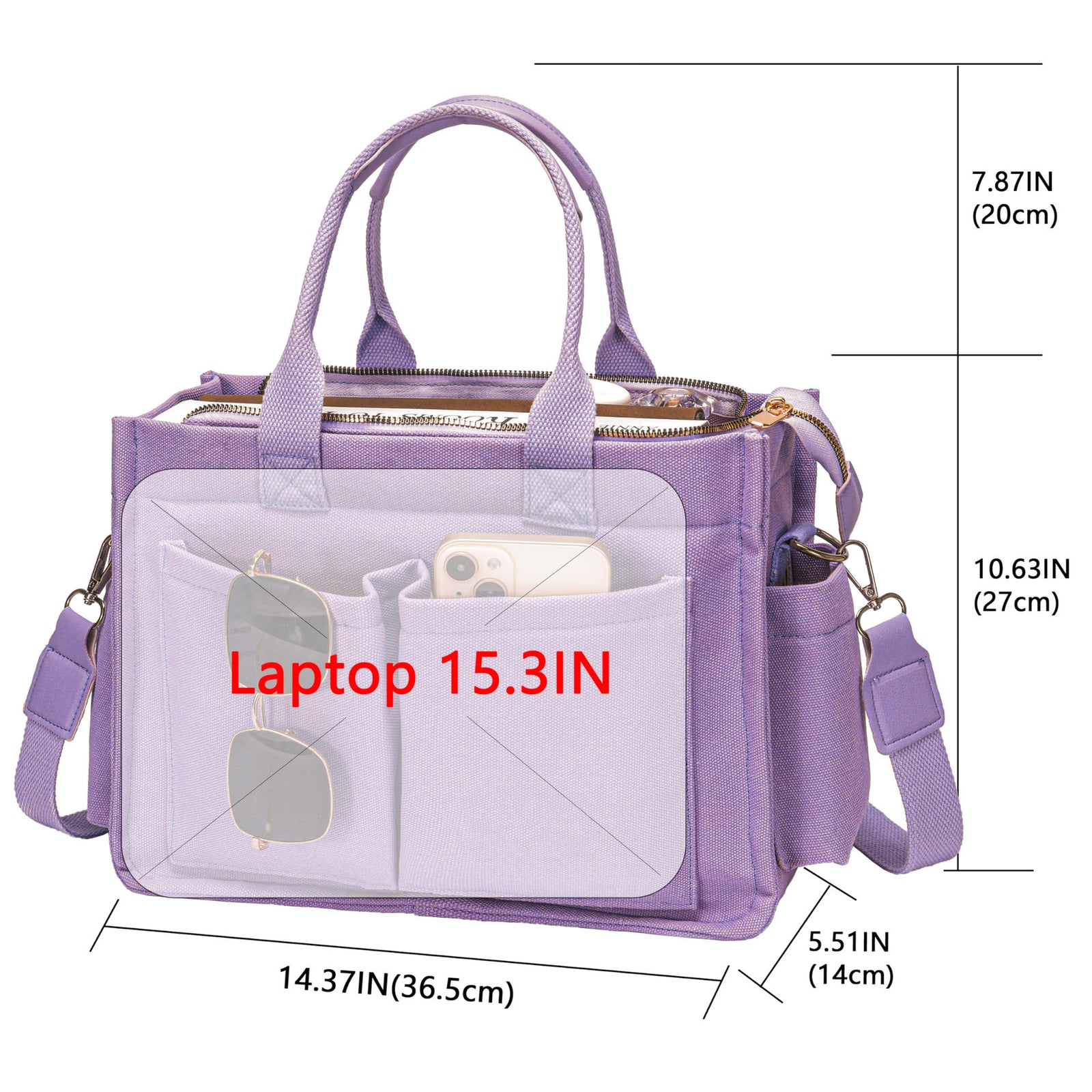 Blue Stylish Women's Large Canvas Tote Bag - 15.3in Laptop Mommy Bag with Crossbody Strap