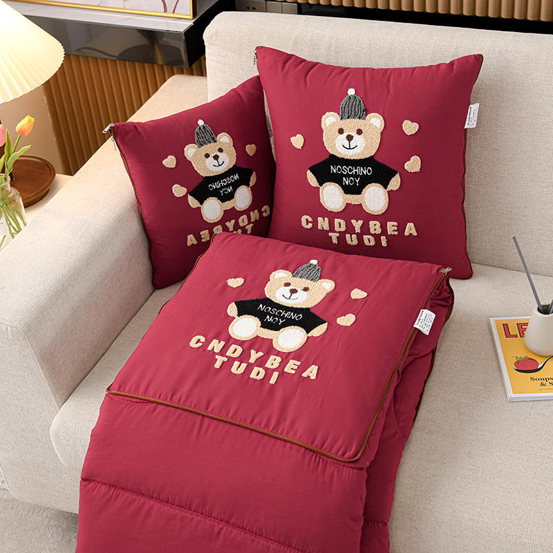 Wine Red Cap Bear 2-in-1 Foldable Car Pillow Blanket - Cozy 40x40cm Pillow, Unfolds to 100x150cm Blanket for Travel and Office Naps