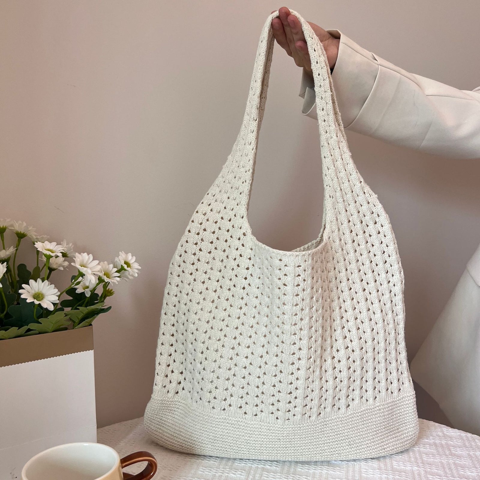 White Handwoven Knitted Tote Bag - Vintage Style Shoulder Bag
