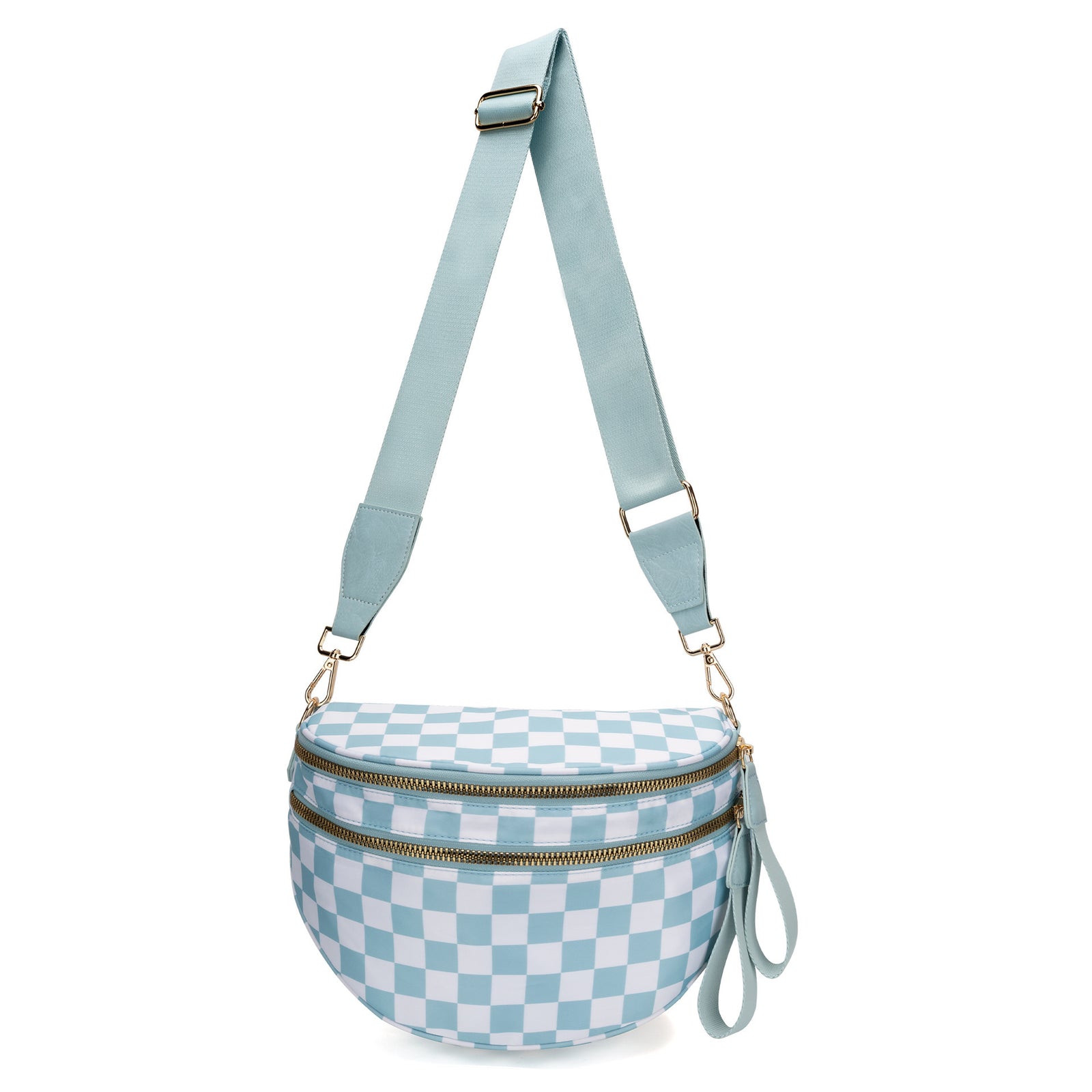Blue Checkered Trendy Sling Bag - Women's Crescent Crossbody Purse with Wide Adjustable Strap