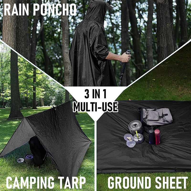 Black 3-in-1 Waterproof Rain Poncho - Lightweight Hooded Raincoat, Ground Tarp & Emergency Shelter for Hiking, Camping, and Outdoor Survival