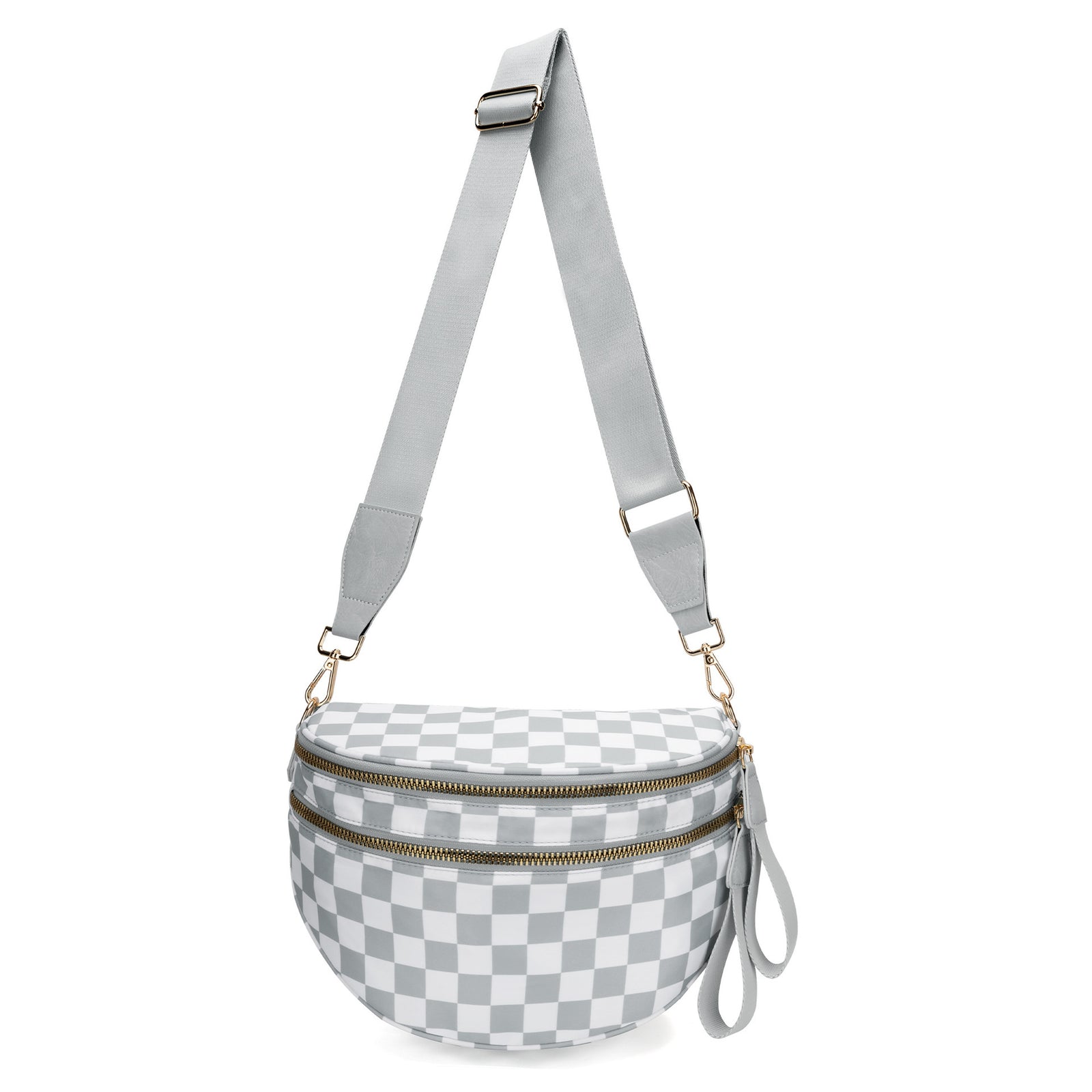 Light Grey Checkered Trendy Sling Bag - Women's Crescent Crossbody Purse with Wide Adjustable Strap