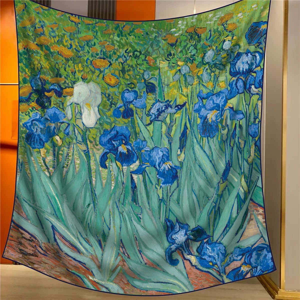 Irises Elegant Artistry Shawl - Large 130cm Square Scarf with Oil Painting Print & Hand-Rolled Hem