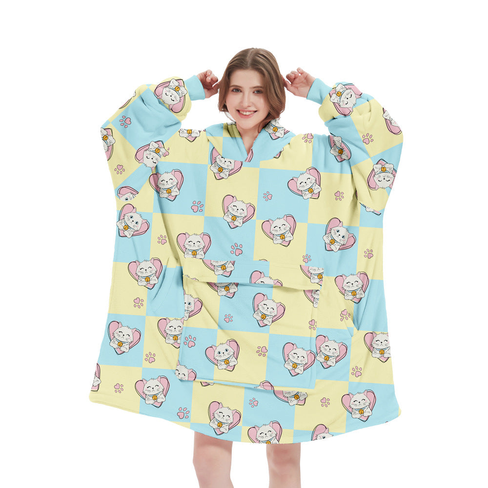 Lovely Cat Pattern Oversized Wearable Blanket Hoodie - Ultra Soft & Cozy Snuggle Pullover for Adults
