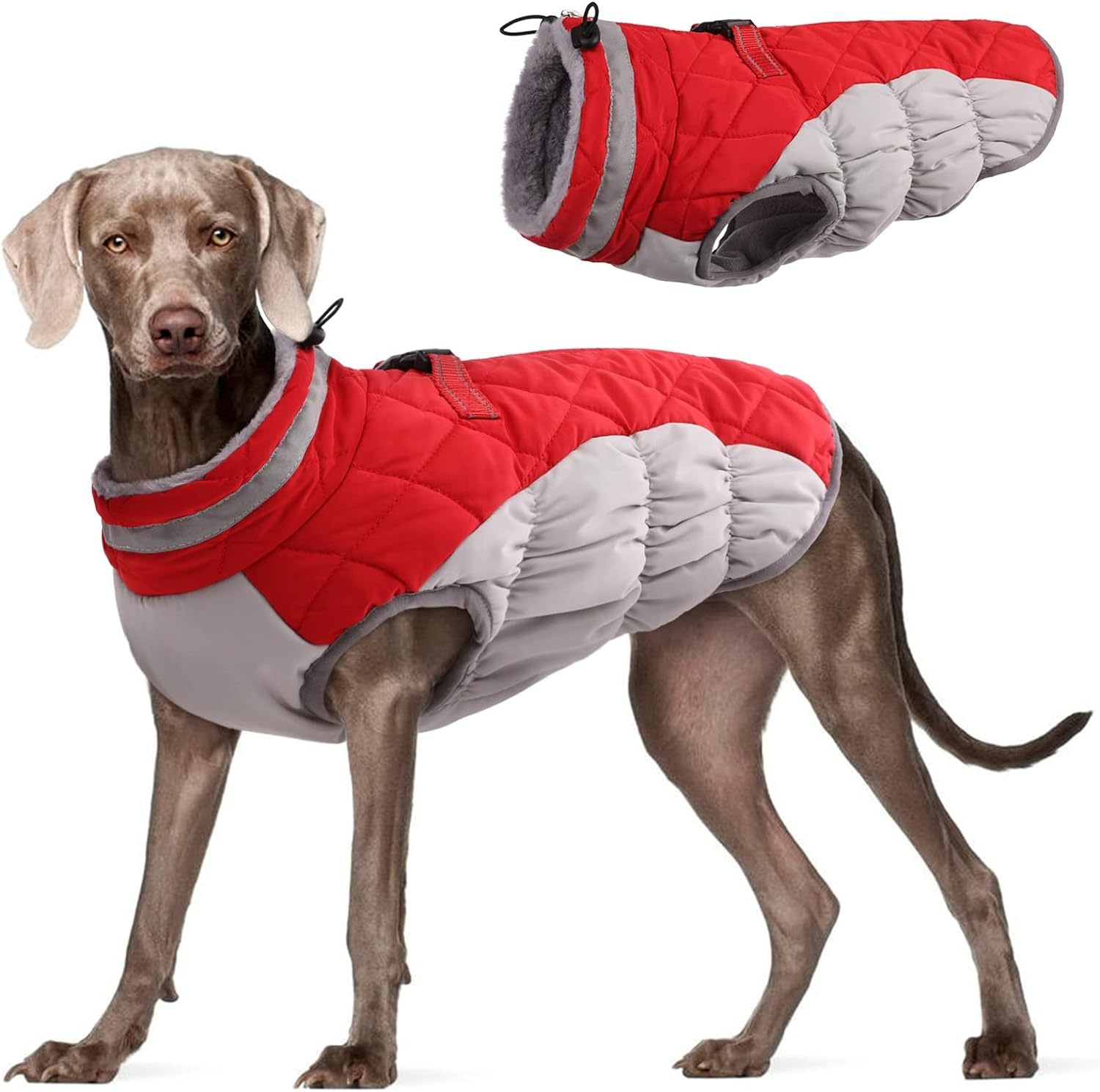 L Red Grey Premium Winter Puffer Dog Coat - Windproof & Fleece-Lined Jacket for Cold Weather