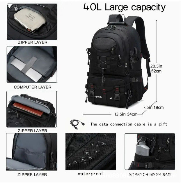 Black 40L Large Capacity Travel Backpack - Water-Resistant Hiking Rucksack with USB Charging Port