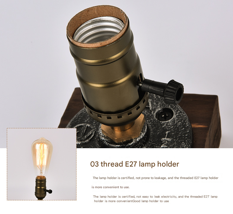 Rustic Industrial Table Lamp Vintage Wooden Base Accent Light