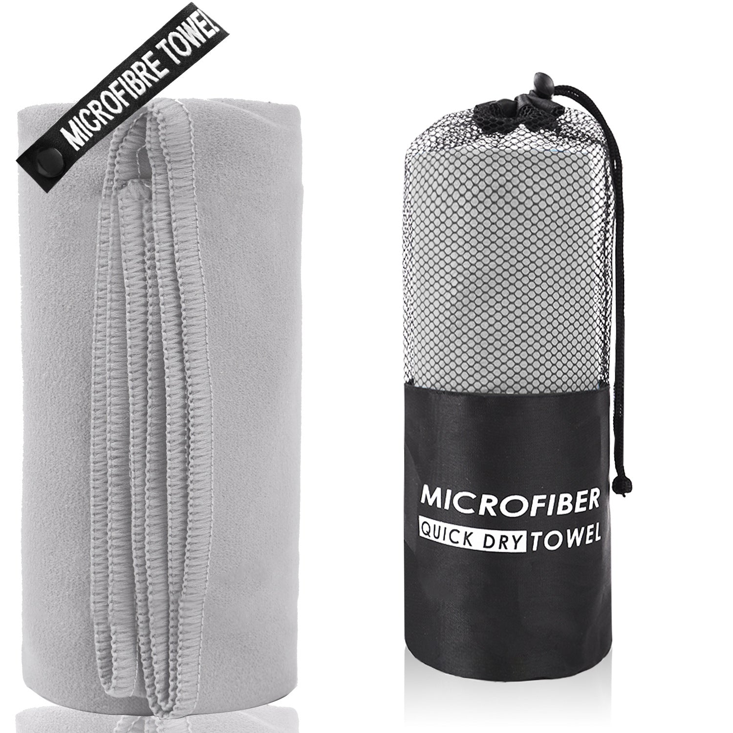 2-Piece Light Grey Quick-Dry Microfiber Sports Towel with Travel Case - Compact & Absorbent for Gym, Swimming & Camping