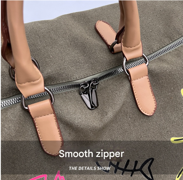 Green-coffee Large Capacity Graffiti Travel Duffel Bag - Canvas Weekender with Wet/Dry Pocket & Shoe Compartment