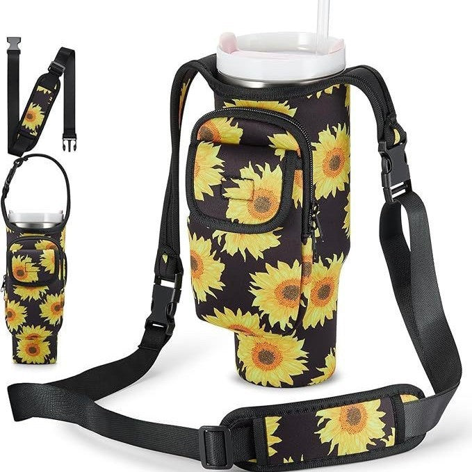 Black-yellow Sunflower White Insulated Tumbler Carrier Pouch with Adjustable Strap & Pocket