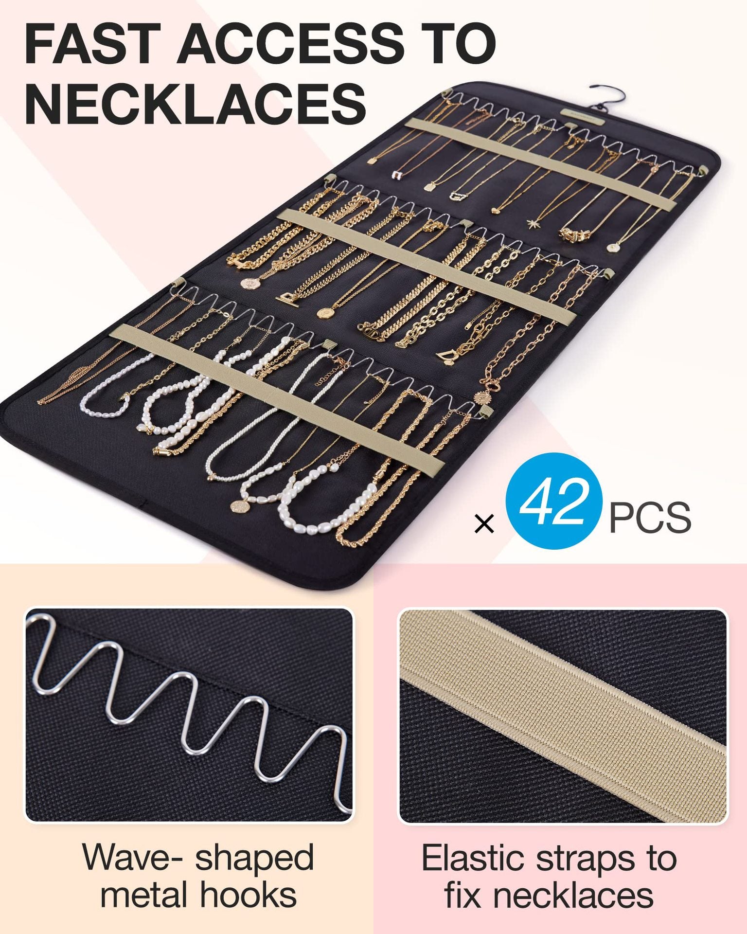 Black Hanging Jewelry Organizer - Closet Storage for Necklaces, Earrings, and Rings with Clear Pockets(14*33inch)