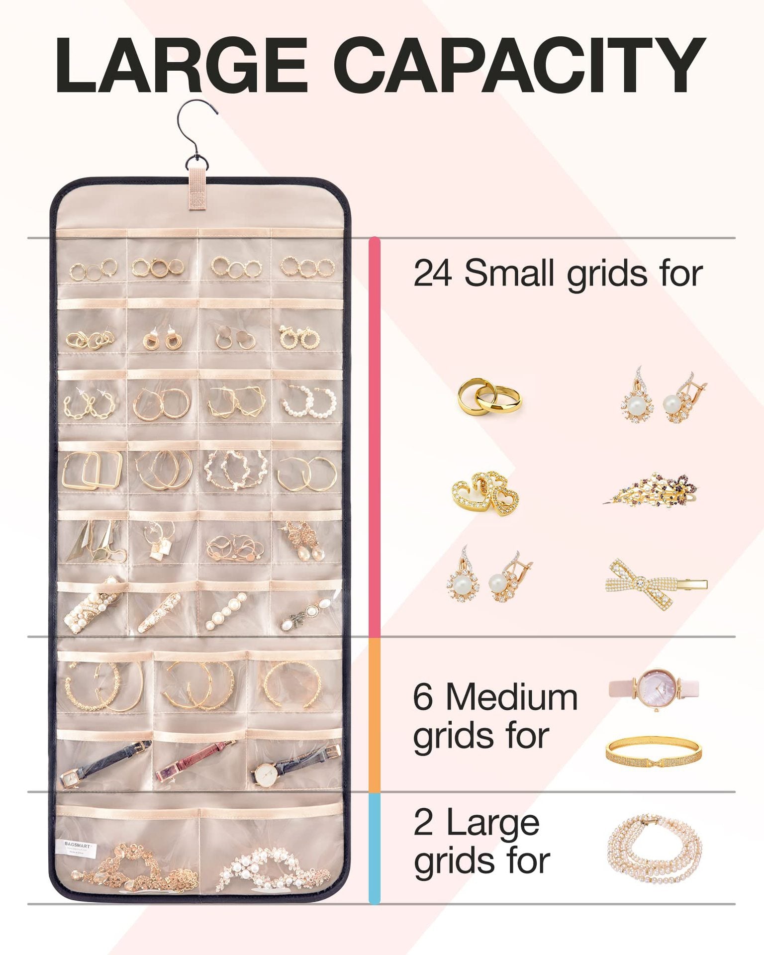 Pink Hanging Jewelry Organizer - Closet Storage for Necklaces, Earrings, and Rings with Clear Pockets(14*33inch)