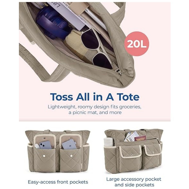 Grayish-brown Women's Multi-Pocket Tote Bag - Large Quilted Travel Handbag for Work, Gym, and More