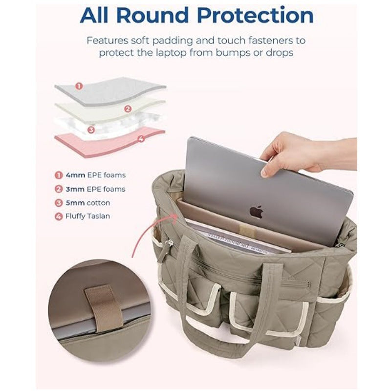 Grayish-brown Women's Multi-Pocket Tote Bag - Large Quilted Travel Handbag for Work, Gym, and More