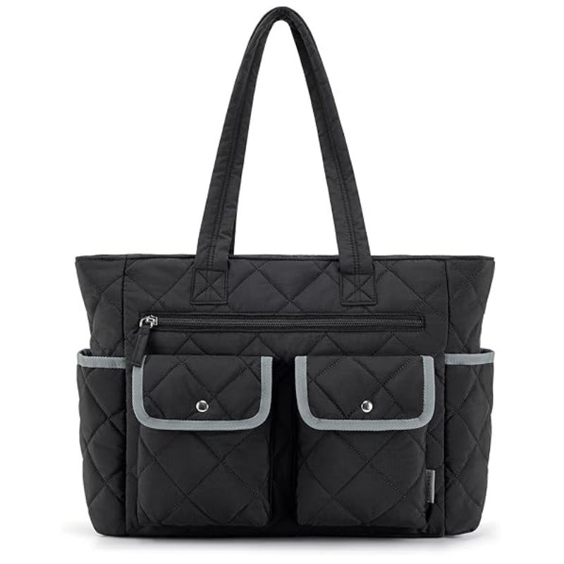 Black Women's Multi-Pocket Tote Bag - Large Quilted Travel Handbag for Work, Gym, and More