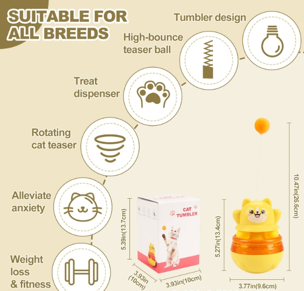 2-Piece Yellow Interactive Cat Tumbler Toy - 3-in-1 Treat Dispensing Puzzle Feeder with Ball Track & Teaser Wand