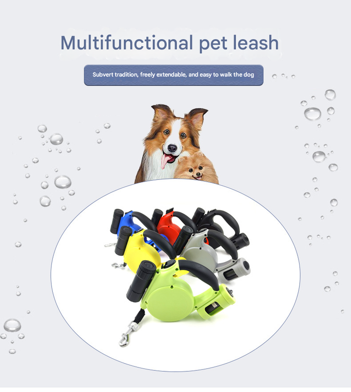 Red 3-in-1 Retractable Dog Leash with LED Flashlight & Poop Bag Dispenser | Heavy Duty Tangle-Free Leash for Safe Night Walks