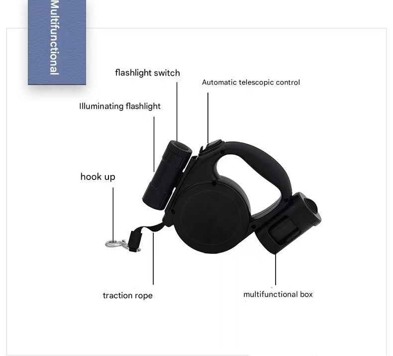 Grey 3-in-1 Retractable Dog Leash with LED Flashlight & Poop Bag Dispenser | Heavy Duty Tangle-Free Leash for Safe Night Walks