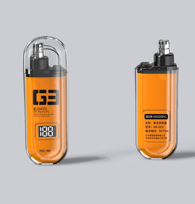 Orange Painless Electric Nose & Ear Hair Trimmer - USB-C Rechargeable Grooming Tool with LED Battery Display for Men and Women