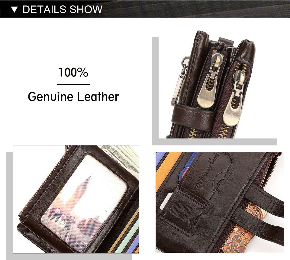 Coffee Genuine Leather Men's RFID Blocking Wallet - High Capacity Trifold with Zipper Coin Pocket
