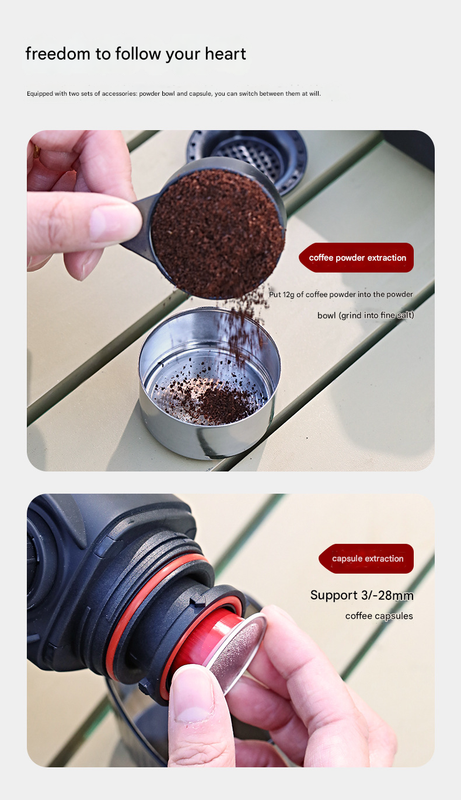 Black Portable Hand Press Espresso Machine - Compatible with Espresso Capsules and Ground Coffee for Home, Travel, and Outdoor Use