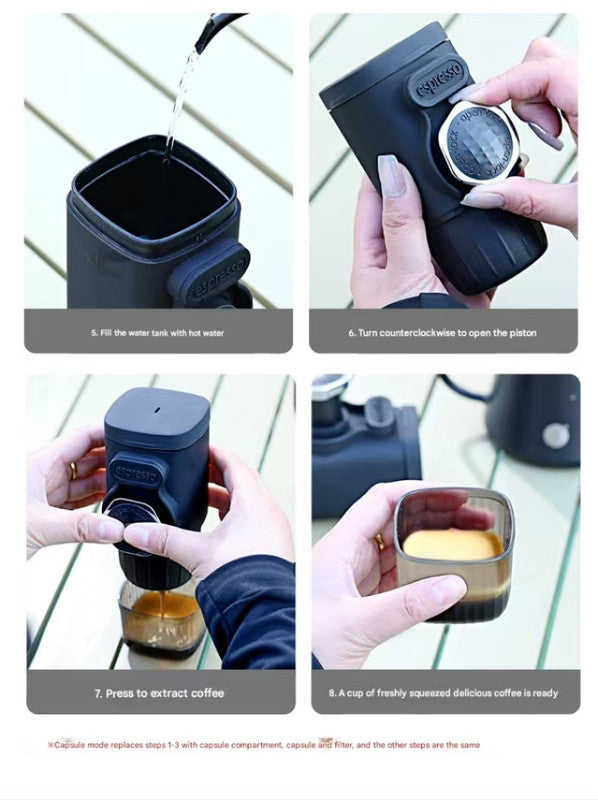 Black Portable Hand Press Espresso Machine - Compatible with Espresso Capsules and Ground Coffee for Home, Travel, and Outdoor Use