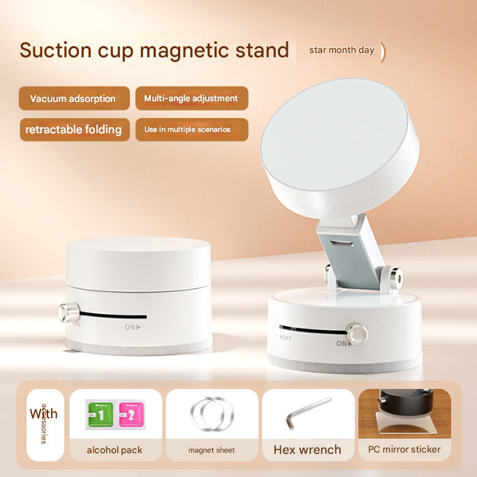 White Multi-Functional Vacuum Suction Cup Stand - Foldable, Extendable Kitchen Lazy Person's Dual-Sided Magnetic Phone Holder