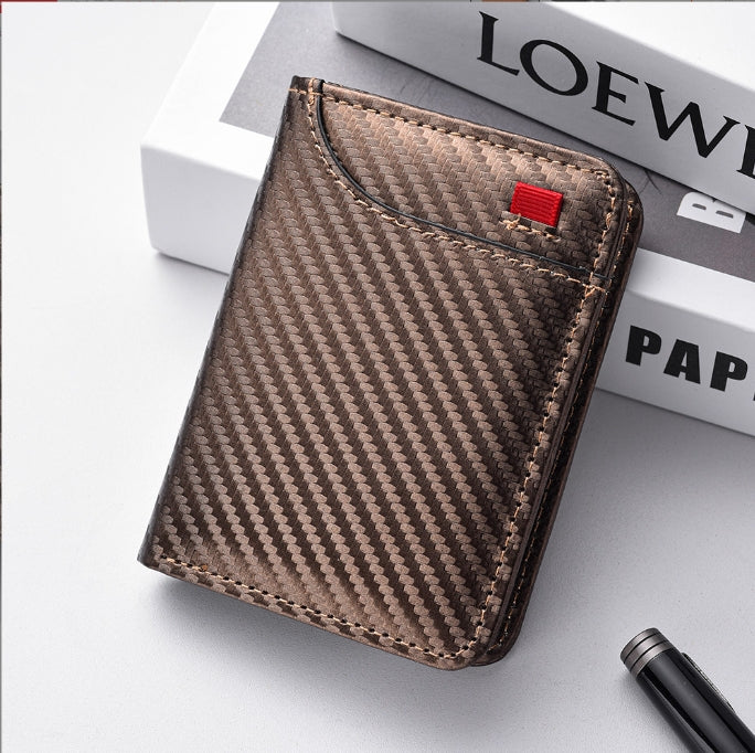 Coffee-colored Sleek Carbon Fiber Vertical Wallet for Men - Slim Bifold Card Holder with Clear ID Window