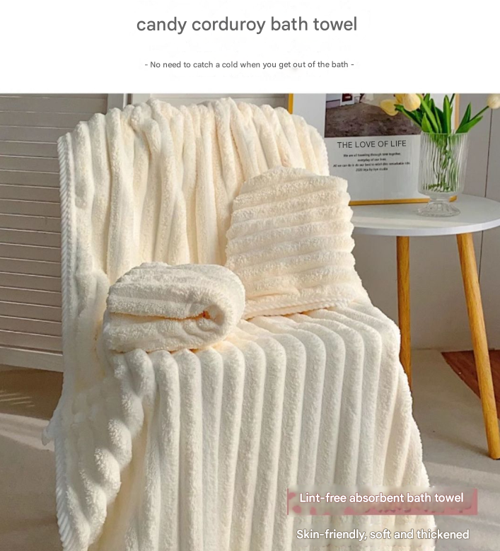 White Plush Ribbed Coral Fleece 3-Piece Towel Set - Ultra Soft & Absorbent Bath, Hand Towel and Hair Wrap