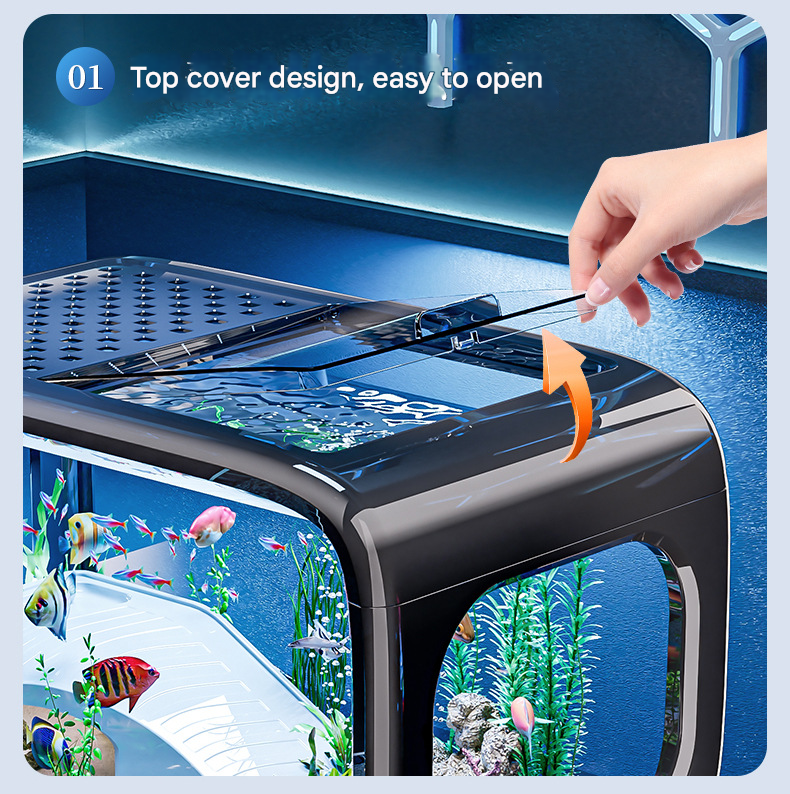 Black Modern Desktop Aquarium & Turtle Tank - Panoramic Viewing Fish Tank with Basking Platform & Lid