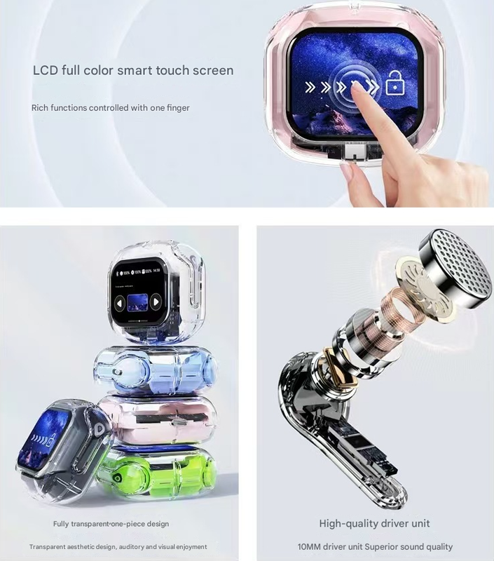 Black Smart TWS Earbuds with Full-Color LCD Touchscreen Case - Bluetooth 5.4, HiFi Stereo & ENC Noise Cancelling