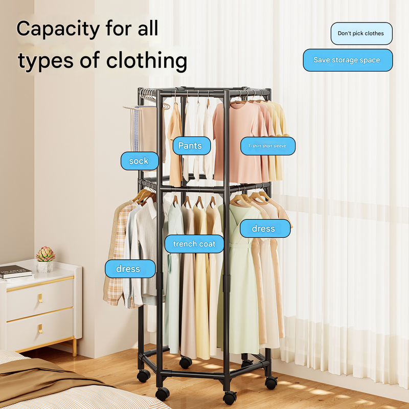 Black single layer 360°Rotating Portable Garment Rack - Heavy Duty Rolling Clothes Stand with Wheels for Bedroom & Laundry
