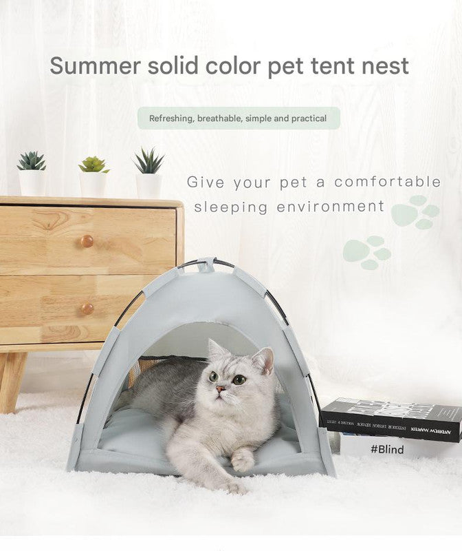 Grey Premium Portable Pet Tent Bed with Cooling Mat - Breathable Foldable Outdoor Indoor Cat Dog House Shelter for Summer(Size: M)