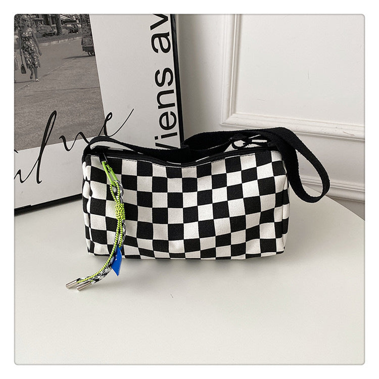 Green Trendy Checkerboard Boston Bag - Casual Crossbody Shoulder Purse with Wide Strap