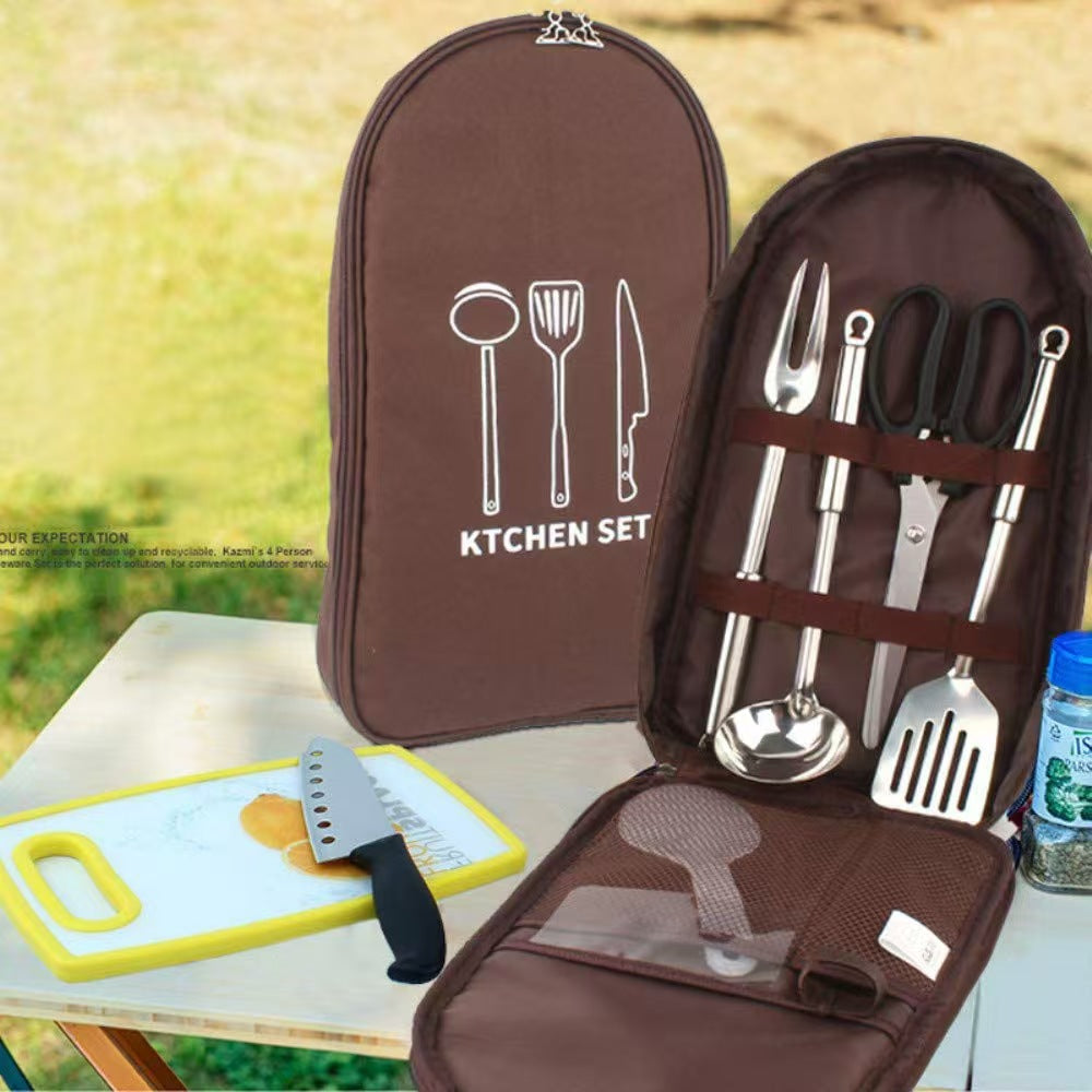 Brown Portable Camping Kitchen Utensil Organizer - Travel Cookware Storage Bag for BBQ & Picnics