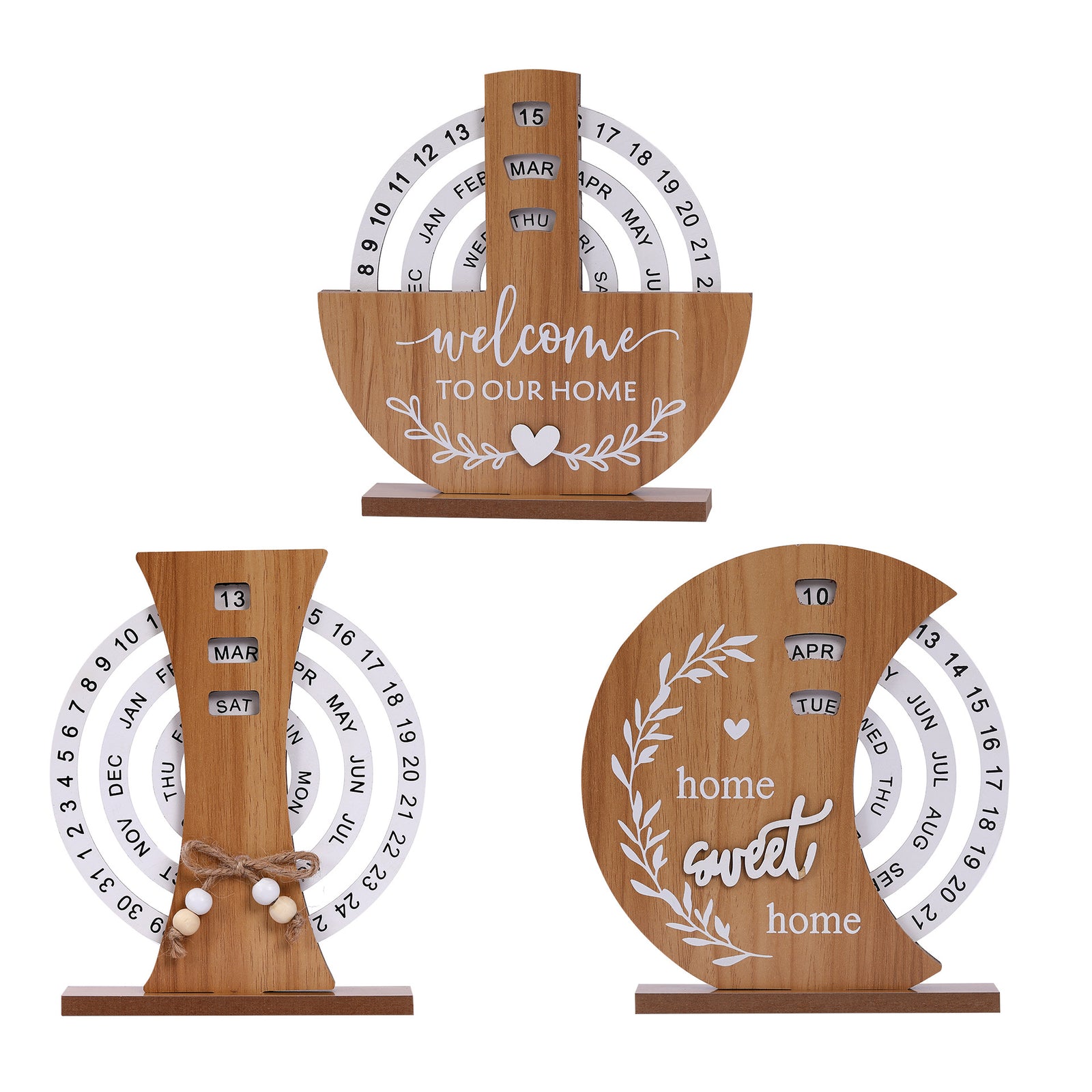 Moon Style Rustic Wooden Perpetual Calendar - Reusable Rotating Desk & Tabletop Decor